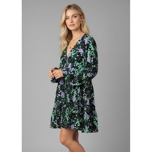 Y.A.S Yaskatyra Floral Large Tiered Mini Dress Black Purple Green Long Sleeve